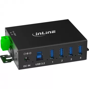 InLine 35396A rūpnieciskais USB 3.2 Gen 1 centrmezgls, 4 porti, alumīnija korpuss, melns