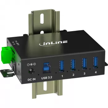 InLine 35396A rūpnieciskais USB 3.2 Gen 1 centrmezgls, 4 porti, alumīnija korpuss, melns