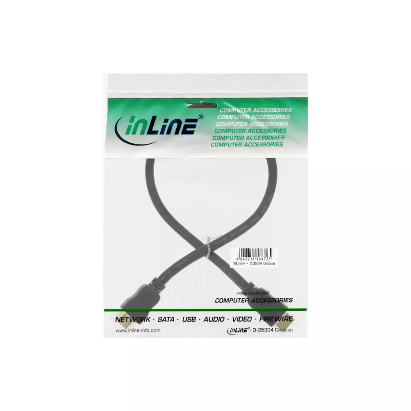 InLine High Speed HDMI kabelis ar Ethernet, M/M, melns, zeltīti kontakti, 0.5m