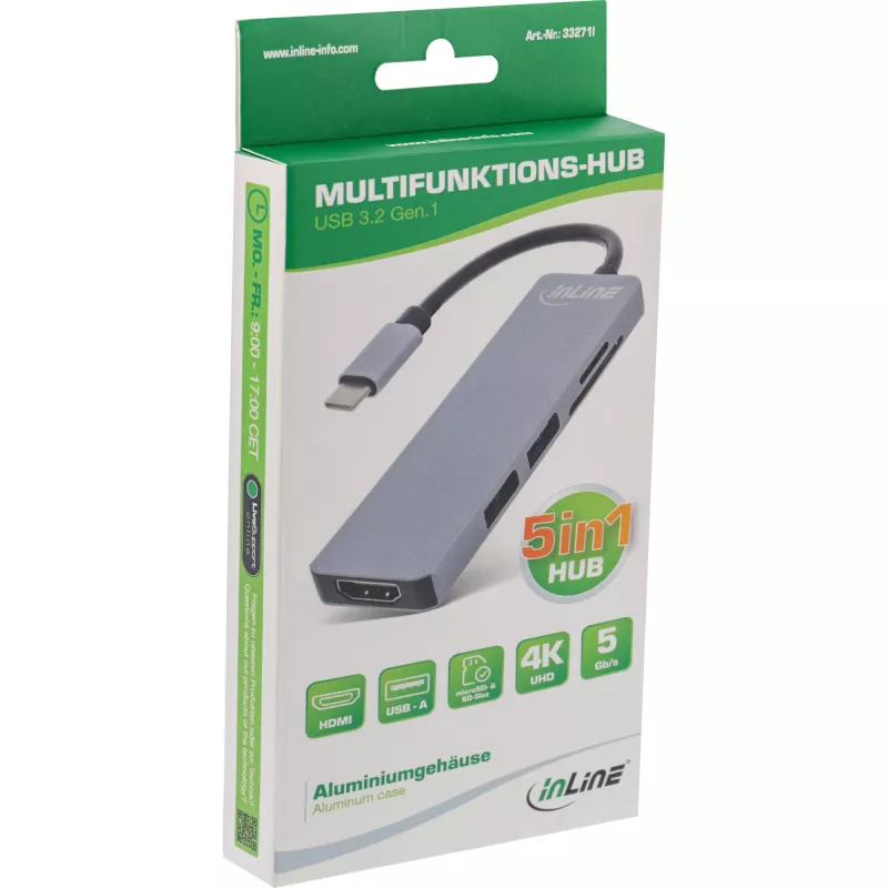 InLine Multi-hub USB 3.2 Gen.1, 2x USB-A, HDMI 4K/30Hz, karšu lasītājs, alumīnijs, pelēks