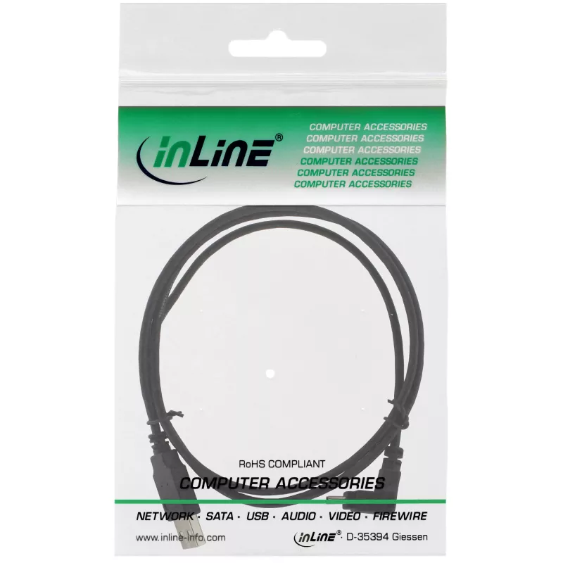 InLine USB kabelis, USB A (vīriešu) uz Mini-USB B 5-pin (vīriešu) 90° leņķis uz leju, melns, 1m