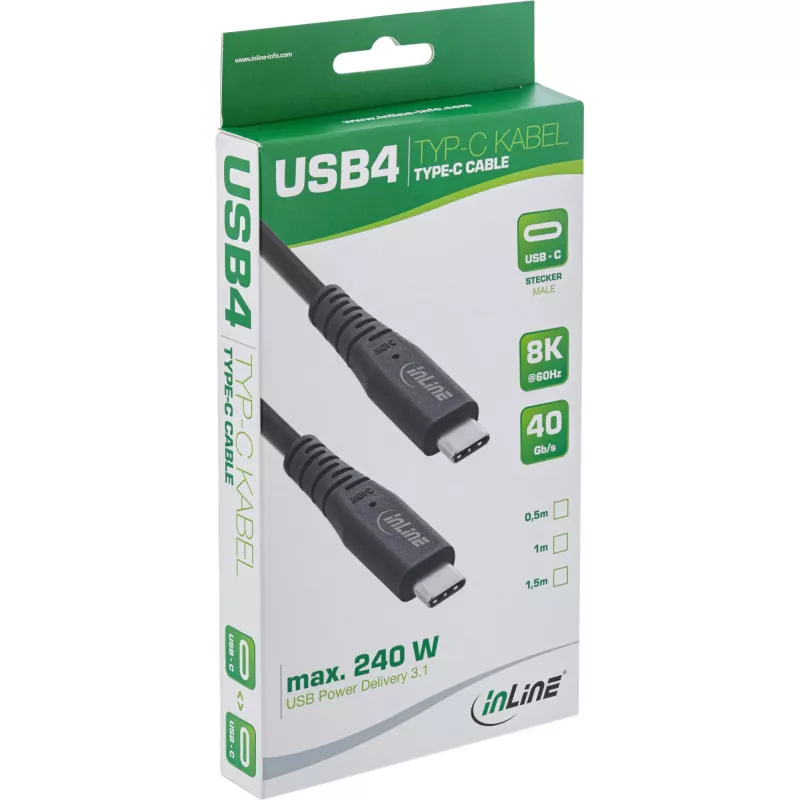 USB4 kabelis InLine USB-C vīriešu uz USB-C vīriešu, USB4 Gen 3x2, 40 Gbit/s, PD 240W, 8K@60Hz, TPE, 2 m