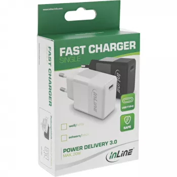 InLine USB PD lādētājs, viens USB-C, Power Delivery, 20 W, balts