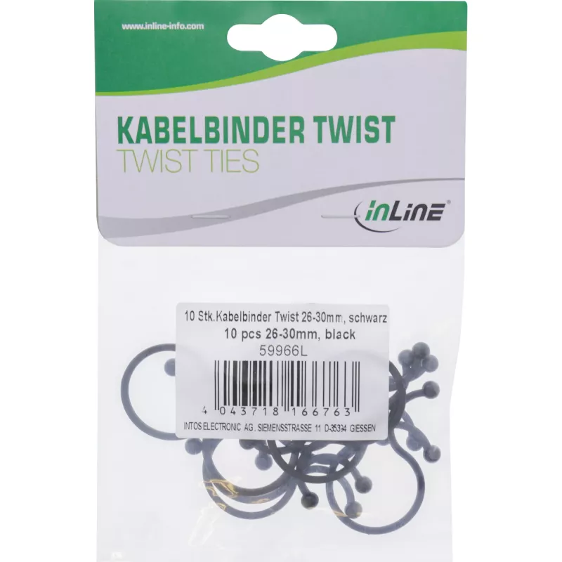 InLine Twist Ties 26–30 mm melns, 10 gab. — kabeļu sakārtošanai