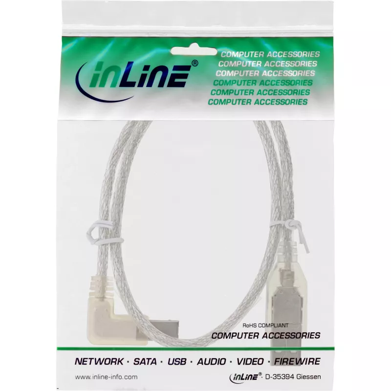 InLine USB 2.0 kabelis ar kreiso leņķa A tipa vīrišķo / B tipa vīrišķo savienotāju, caurspīdīgs, 3 m