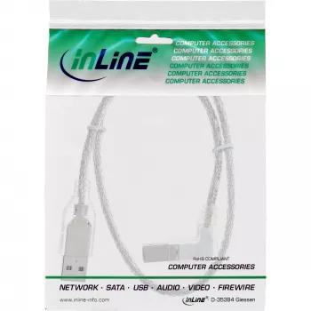 InLine USB 2.0 kabelis ar taisnleņķa A tipa vīrišķo / B tipa vīrišķo savienotāju, caurspīdīgs, 3 m