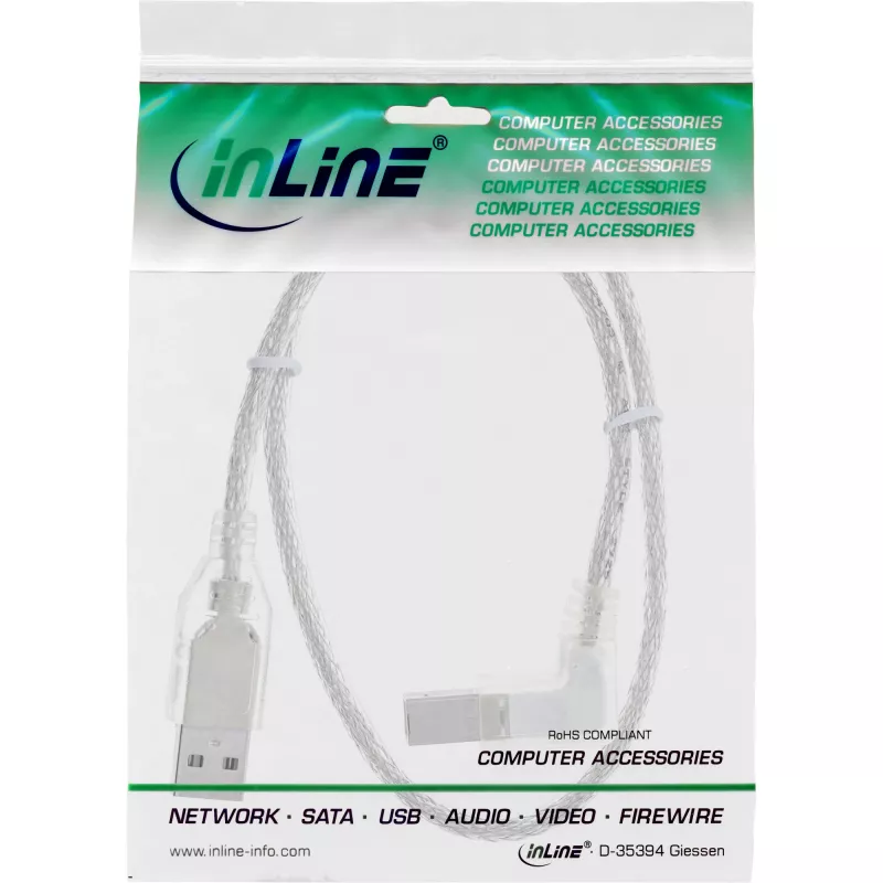 InLine USB 2.0 kabelis ar taisnleņķa A tipa vīrišķo / B tipa vīrišķo savienotāju, caurspīdīgs, 3 m
