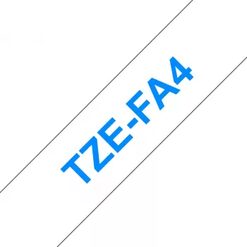 Brother TZE-FA4 lentes kasetne, zils uz balta fona, 18 mm x 3 m