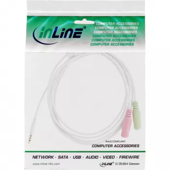 InLine Audio Adaptera Kabelis Austiņām 3.5mm vīrišķais 4 kontaktu / 2x 3.5mm, balts, 1m