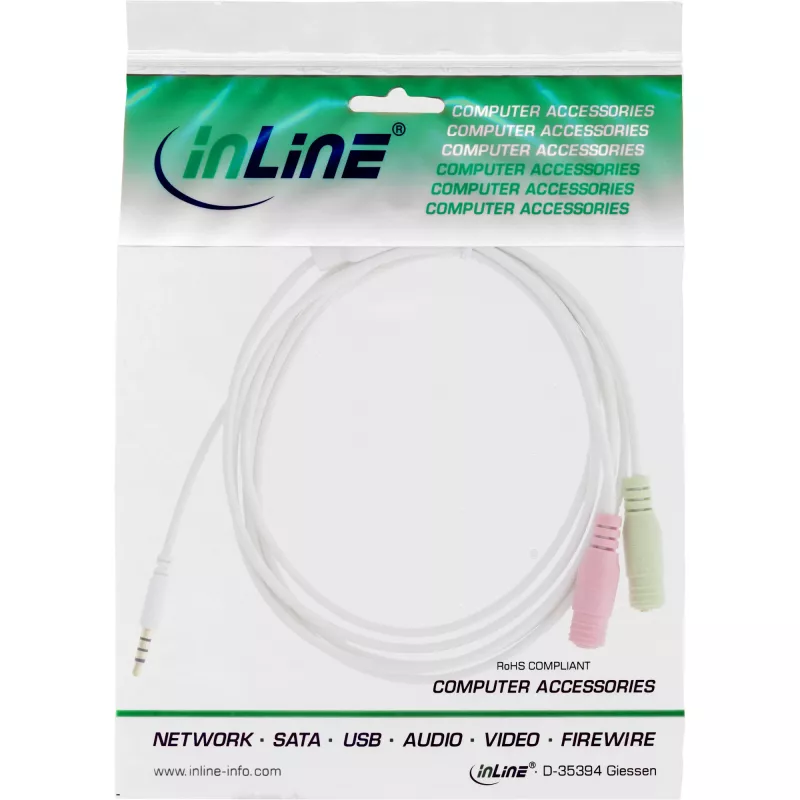 InLine Audio Adaptera Kabelis Austiņām 3.5mm vīrišķais 4 kontaktu / 2x 3.5mm, balts, 1m