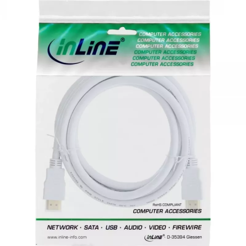 InLine High Speed HDMI kabelis ar Ethernet, vīriešu/vīriešu, balts, zeltīti kontakti, 2m