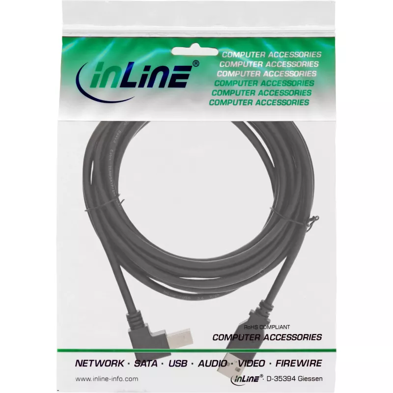 InLine USB 2.0 kabelis ar lejupvērstu A tipa vīriešu / B tipa vīriešu savienotāju, melns, 3m