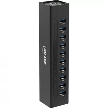 InLine USB 3.0 10 Portu Hub Alumīnija Korpusā ar 4A Barošanas Bloku, melns
