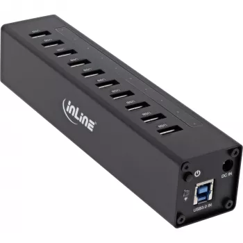 InLine USB 3.0 10 Portu Hub Alumīnija Korpusā ar 4A Barošanas Bloku, melns