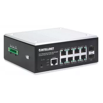 Intellinet Industrial 8-Portu Gigabitu Ethernet PoE+ L2+ Tīmekļa Pārvaldāms Slēdzis ar 2 SFP Portiem
