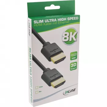 InLine Slim Ultra High Speed HDMI kabelis M/M 8K4K, apzeltīti kontakti, melns, 1.5m