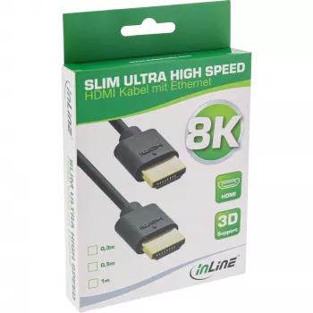 InLine Slim Ultra ātrgaitas HDMI kabelis M/M 8K4K ar zeltu pārklātiem kontaktiem melns 0.3m
