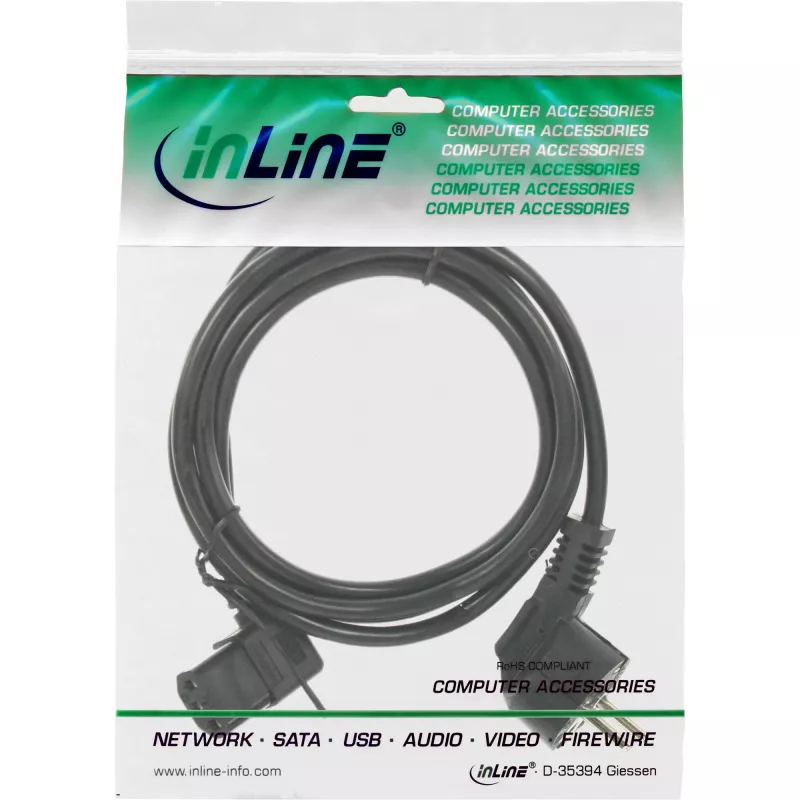 InLine barošanas kabelis, CEE 7/7 leņķa / 3-pin IEC C13 kreisais leņķis, melns, 3m