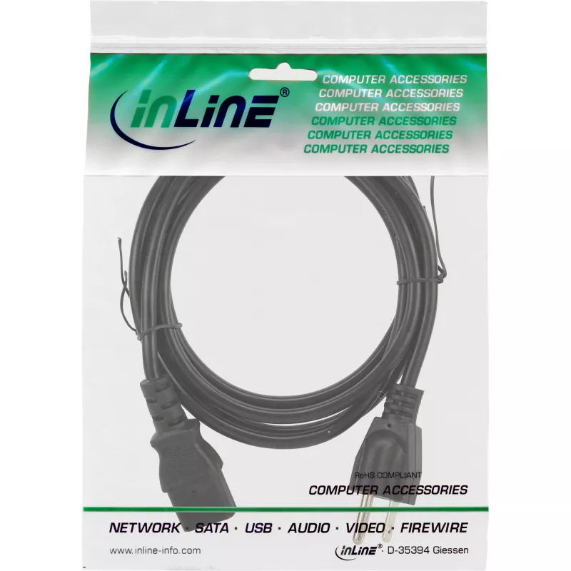 InLine barošanas kabelis ASV kontaktdakša / 3 kontaktu IEC C13 ligzda, 18 AWG, 3 m, 125 V, 10 A