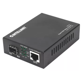 Intellinet Gigabit PoE+ mediju pārveidotājs, 1 x 1000Base-T RJ45 ports uz 1 x SFP slotu, PoE+ injektors