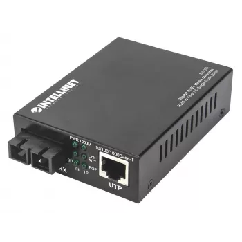 Intellinet Gigabit PoE+ mediju pārveidotājs, 1000Base-T RJ45 ports uz 1000Base-LX (SC) vienmoda, 20 km, PoE+ injektors