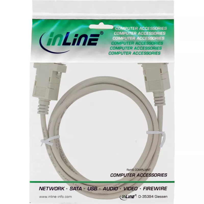 InLine nulles modema kabelis, DB9 ligzda/ligzda, ar fiksatoru, bēšā krāsā, 2 m