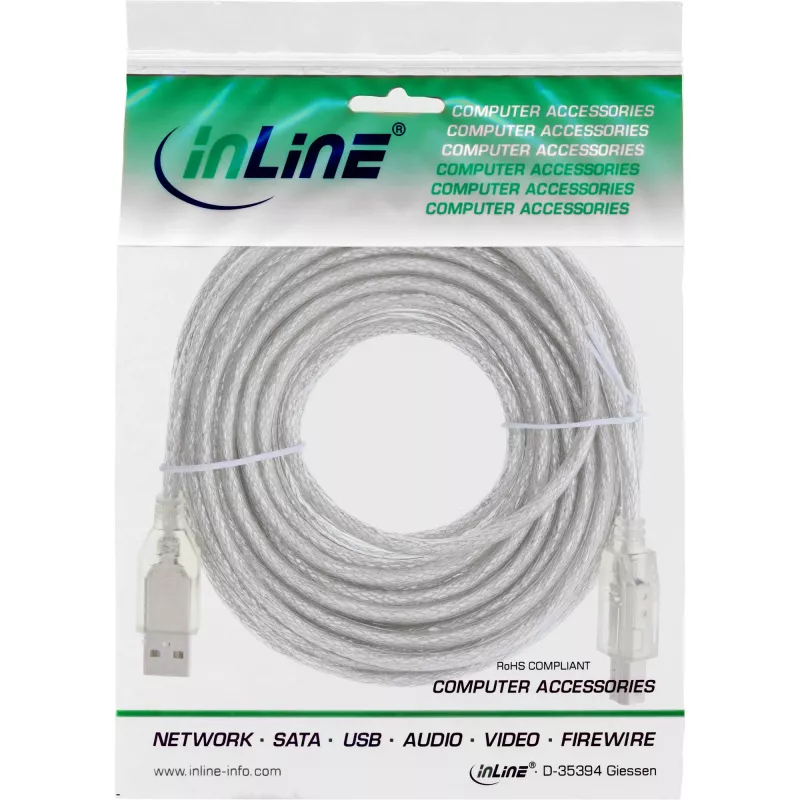 USB 2.0 kabelis, Type A vīrieša / Type B vīrieša, InLine 34518T, 2m, caurspīdīgs