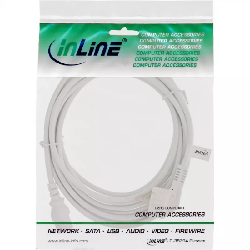 InLine barošanas kabelis, CEE 7/7 leņķa / 3 kontaktu IEC C13 tēviņš, balts, 5m