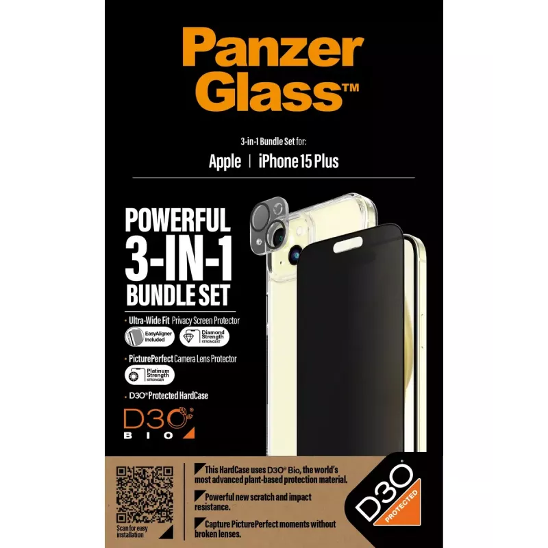 PanzerGlass Privacy 3-in-1 komplekts iPhone 15 Plus rūdīts stikls