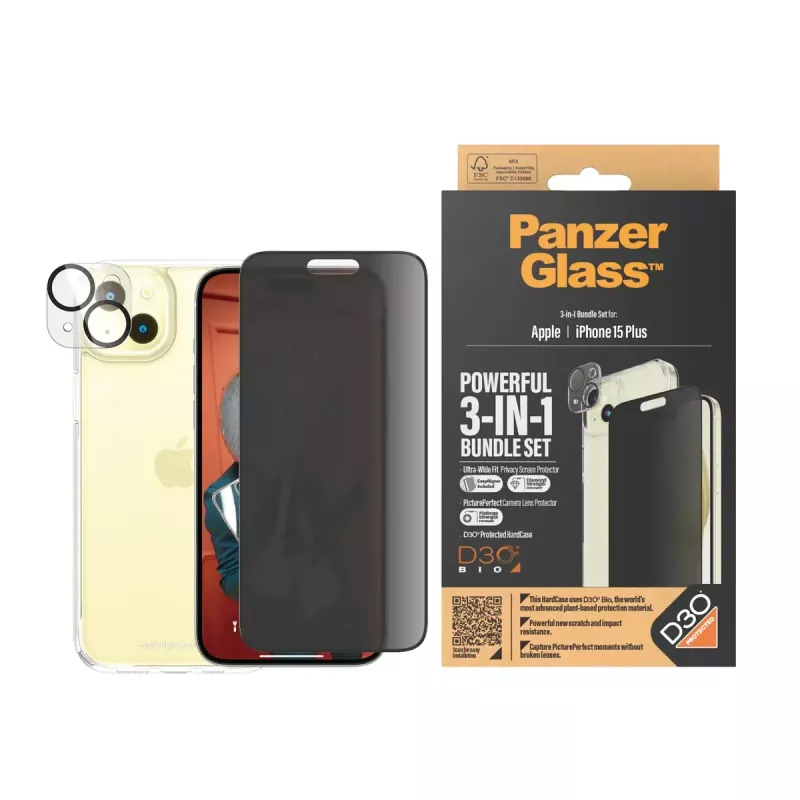 PanzerGlass Privacy 3-in-1 komplekts iPhone 15 Plus rūdīts stikls