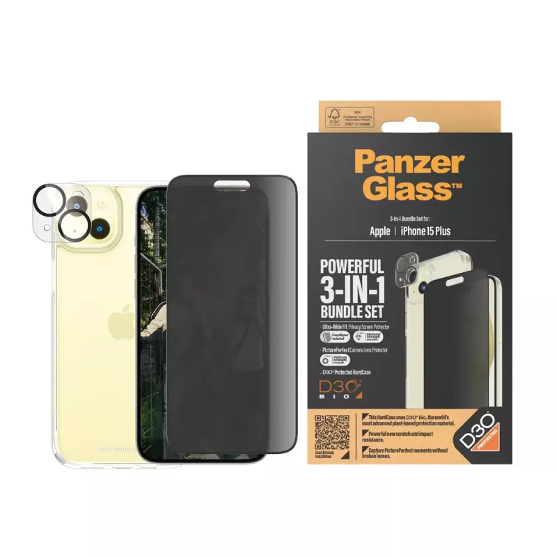 PanzerGlass Privacy 3-in-1 komplekts iPhone 15 Plus rūdīts stikls