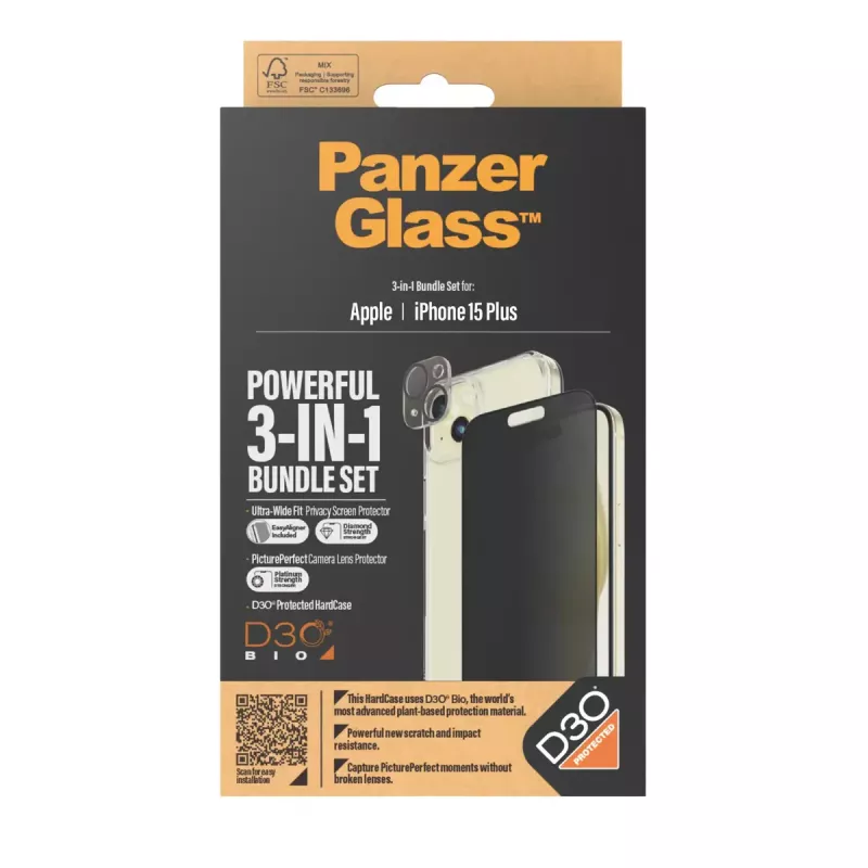 PanzerGlass Privacy 3-in-1 komplekts iPhone 15 Plus rūdīts stikls