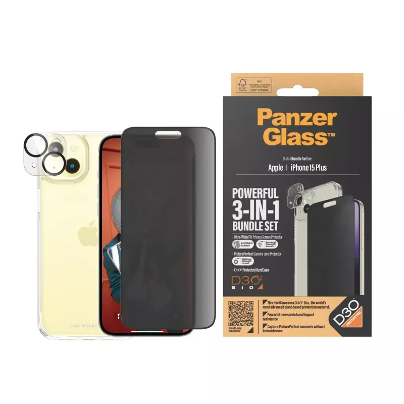 PanzerGlass Privacy 3-in-1 komplekts iPhone 15 Plus rūdīts stikls
