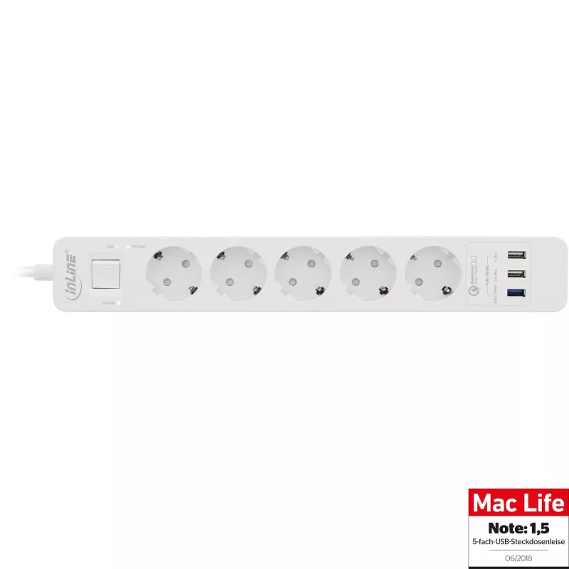 InLine pagarinātājs, 5 kontaktligzdas CEE 7/3, ar aizsardzību un USB QC3.0, balts