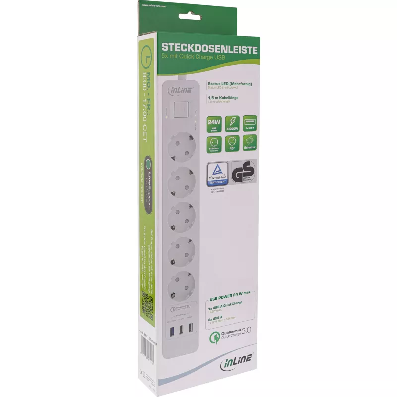 InLine pagarinātājs, 5 kontaktligzdas CEE 7/3, ar aizsardzību un USB QC3.0, balts