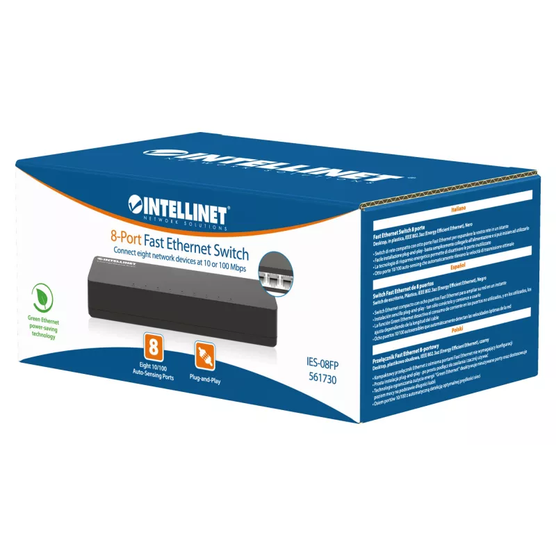 Intellinet 8 Portu Fast Ethernet Slēdzis, Galda Izmērs, Plastmasa, IEEE 802.3az (Energoefektīvs Ethernet), Melns