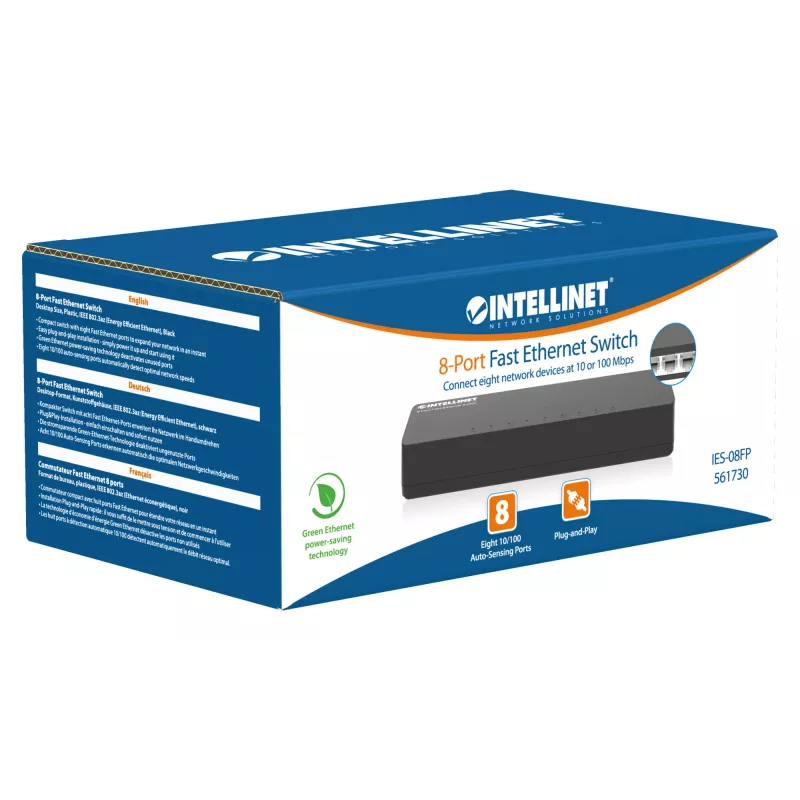 Intellinet 8 Portu Fast Ethernet Slēdzis, Galda Izmērs, Plastmasa, IEEE 802.3az (Energoefektīvs Ethernet), Melns