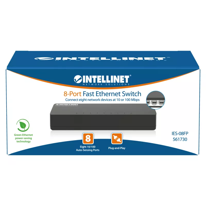 Intellinet 8 Portu Fast Ethernet Slēdzis, Galda Izmērs, Plastmasa, IEEE 802.3az (Energoefektīvs Ethernet), Melns