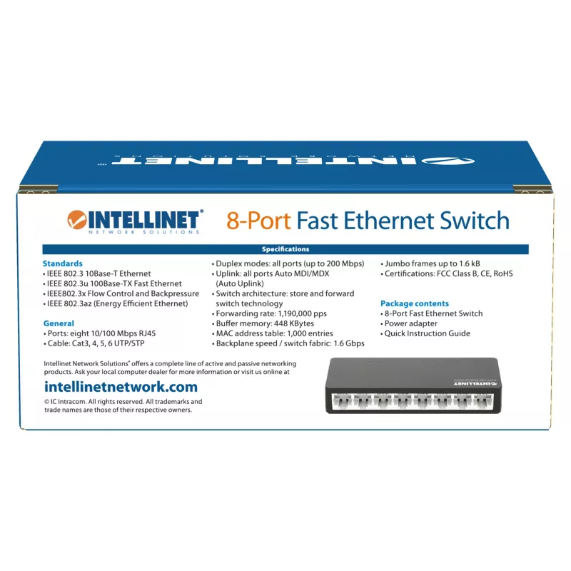 Intellinet 8 Portu Fast Ethernet Slēdzis, Galda Izmērs, Plastmasa, IEEE 802.3az (Energoefektīvs Ethernet), Melns