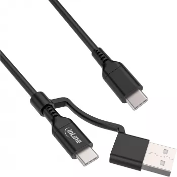 InLine 2-in-1 USB-C kabelis + USB-A adapteris, USB 2.0, 100W, TPE, melns, 2m