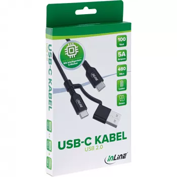 InLine 2-in-1 USB-C kabelis + USB-A adapteris, USB 2.0, 100W, TPE, melns, 2m