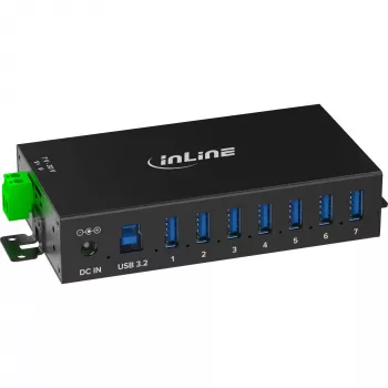 InLine 35396B rūpnieciskais USB 3.2 Gen 1 centrmezgls, 7 porti, alumīnija korpuss, melns