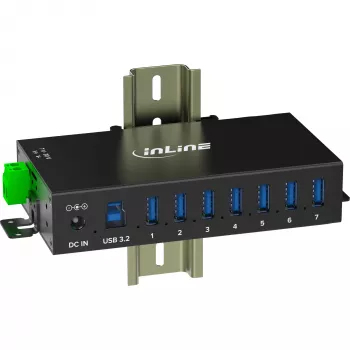 InLine 35396B rūpnieciskais USB 3.2 Gen 1 centrmezgls, 7 porti, alumīnija korpuss, melns