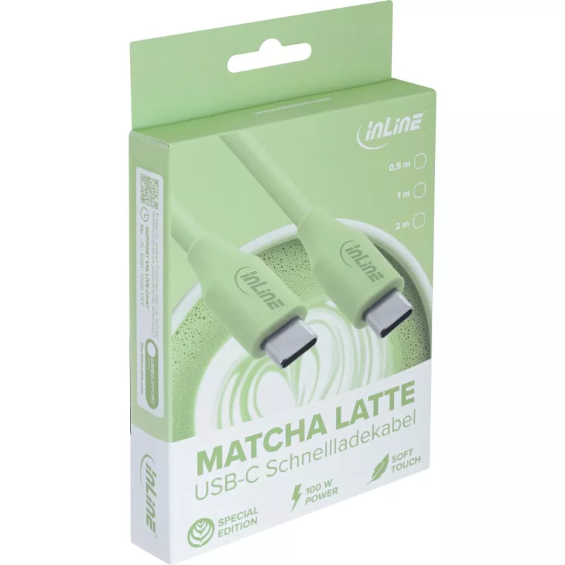 InLine 35891G USB-C–USB-C vads, USB 2.0, 480 Mbit/s, 100 W ātrā uzlāde, silikona, 1 m, Matcha Latte zaļš