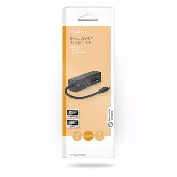 Nedis CCGB64250BK01 USB-C centrmezgls — 3× USB-A 3.2 Gen 1 + SD/MicroSD karšu lasītājs, 5 Gbit/s