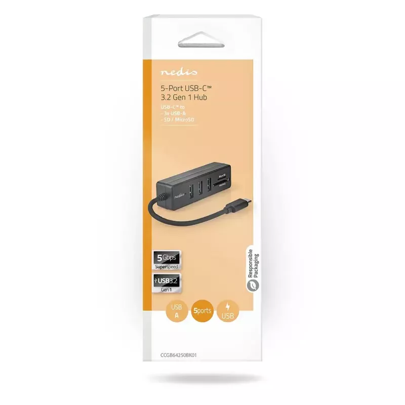 Nedis CCGB64250BK01 USB-C centrmezgls — 3× USB-A 3.2 Gen 1 + SD/MicroSD karšu lasītājs, 5 Gbit/s