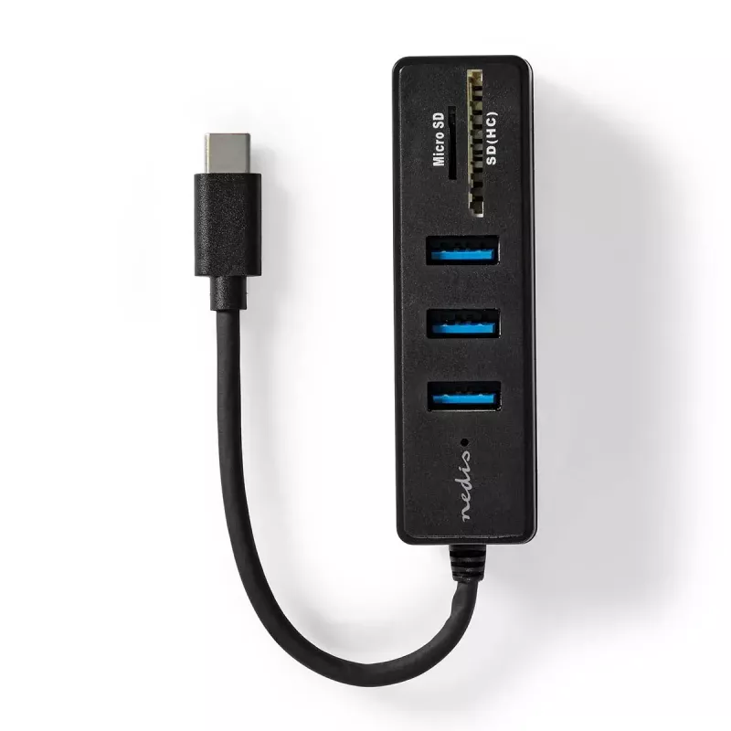 Nedis CCGB64250BK01 USB-C centrmezgls — 3× USB-A 3.2 Gen 1 + SD/MicroSD karšu lasītājs, 5 Gbit/s