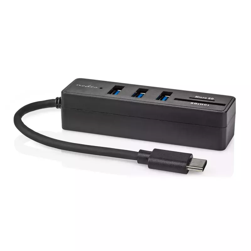 Nedis CCGB64250BK01 USB-C centrmezgls — 3× USB-A 3.2 Gen 1 + SD/MicroSD karšu lasītājs, 5 Gbit/s