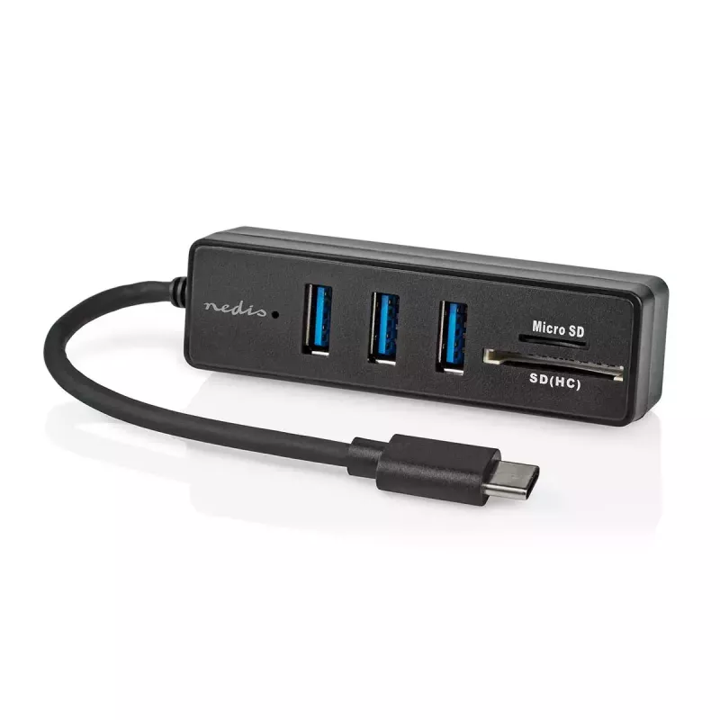 Nedis CCGB64250BK01 USB-C centrmezgls — 3× USB-A 3.2 Gen 1 + SD/MicroSD karšu lasītājs, 5 Gbit/s