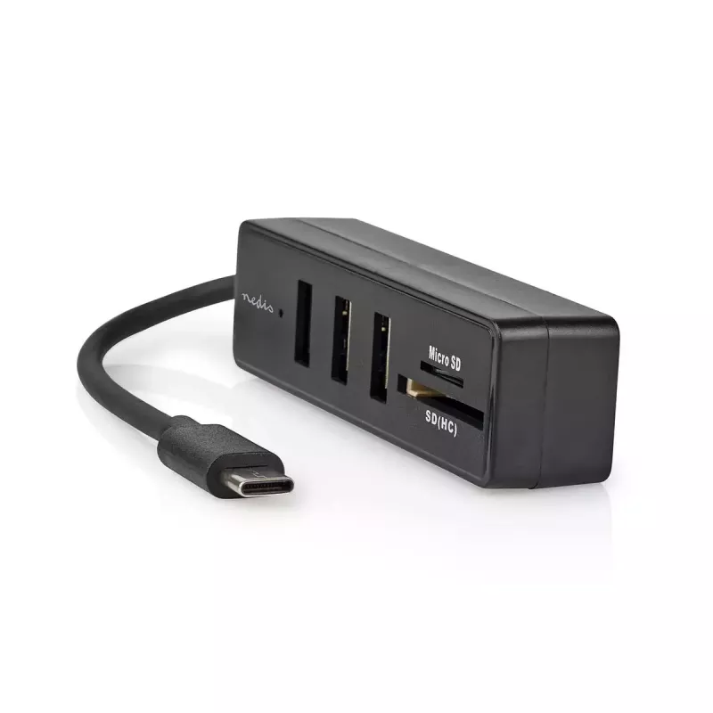 Nedis CCGB64250BK01 USB-C centrmezgls — 3× USB-A 3.2 Gen 1 + SD/MicroSD karšu lasītājs, 5 Gbit/s